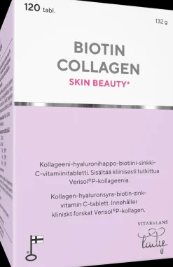 Biotin Collagen 120 tabl., kotimainen kollageeni-hyaluronihappo-biotiini-sinkki-C-vitamiini tabletti, Vitabalans