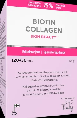Biotin Collagen 120+30 tabl., kotimainen kollageeni-hyaluronihappo-biotiini-sinkki-C-vitamiini tabletti, Vitabalans