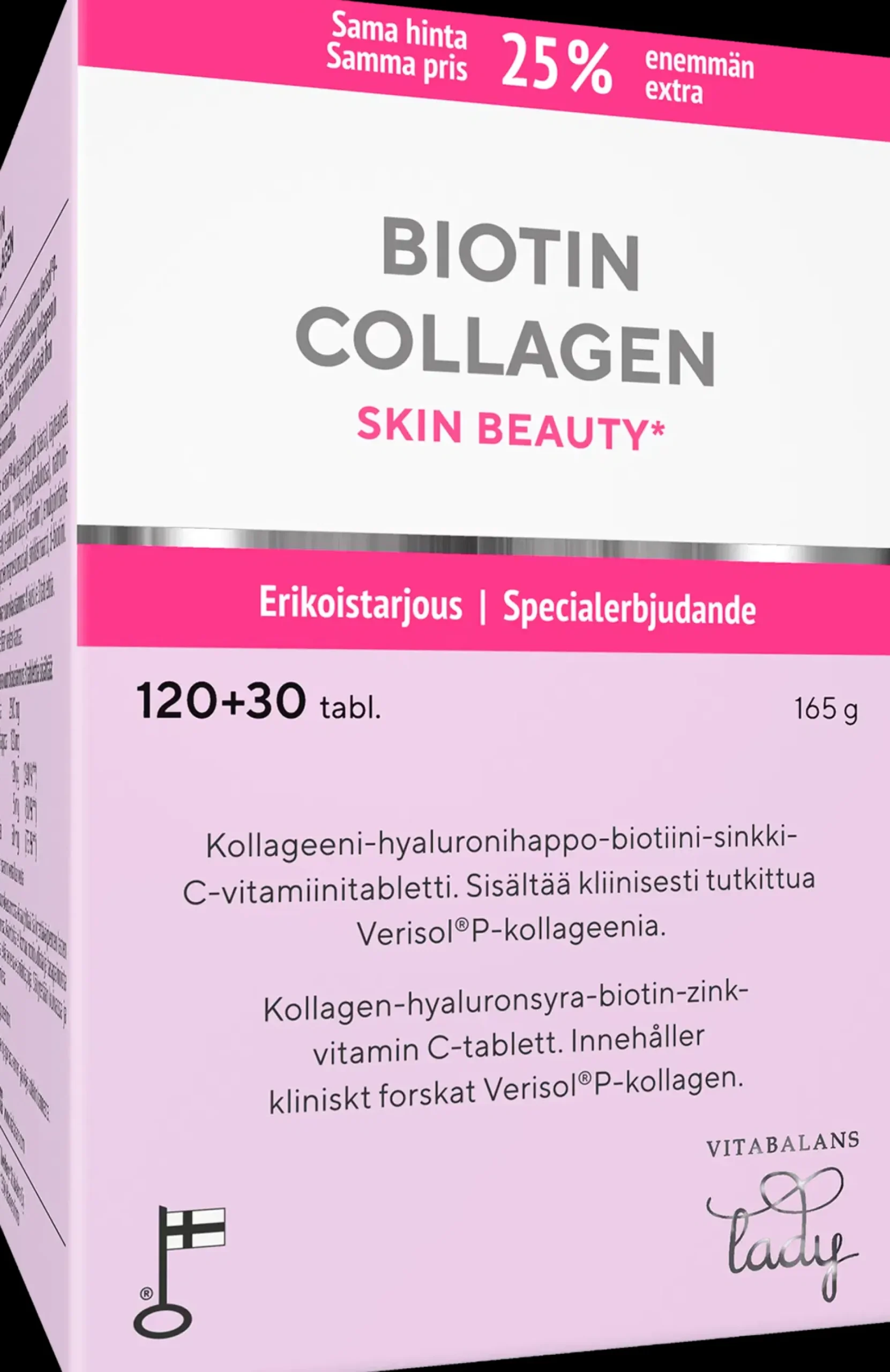 Biotin Collagen 120+30 tabl., kotimainen kollageeni-hyaluronihappo-biotiini-sinkki-C-vitamiini tabletti, Vitabalans