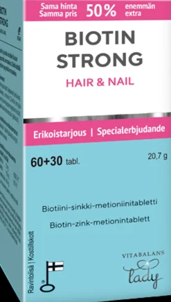 Biotin Strong 90 tabl., kotimainen biotiini-sinkki-metioniinitabletti, kampanjapakkaus, Vitabalans