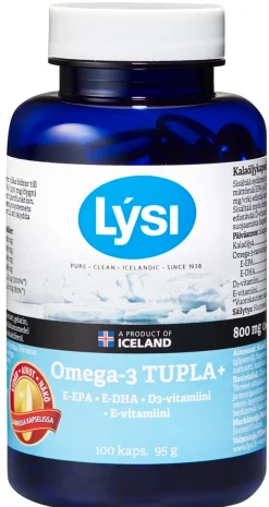Lysi Omega-3 Tupla+ kalaöljy-vitamiinikapseli 100kaps 95g ravintolisä