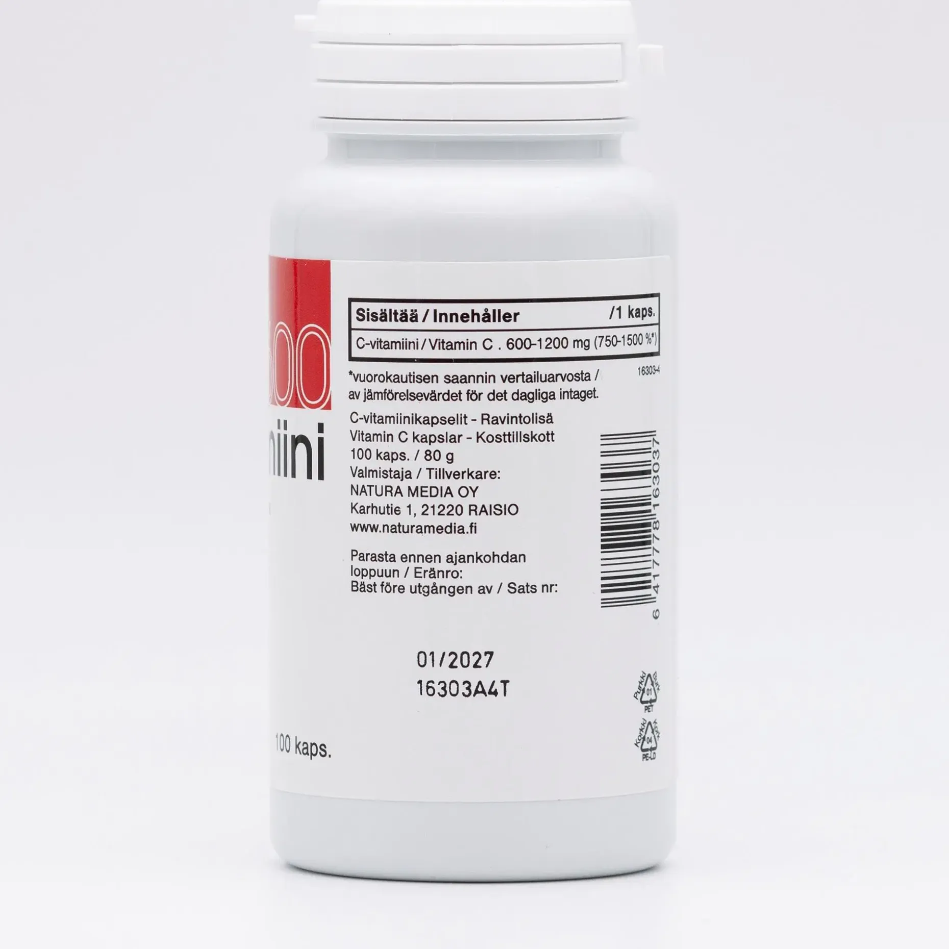 Natura Median Ruusunmarja C-vitamiini 600 mg ravintolisä 100 kaps.