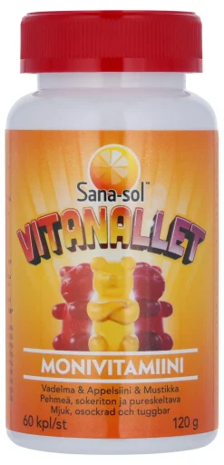 Sana-sol Vitanallet monivitamiini vadelma & appelsiini & mustikka 60kpl