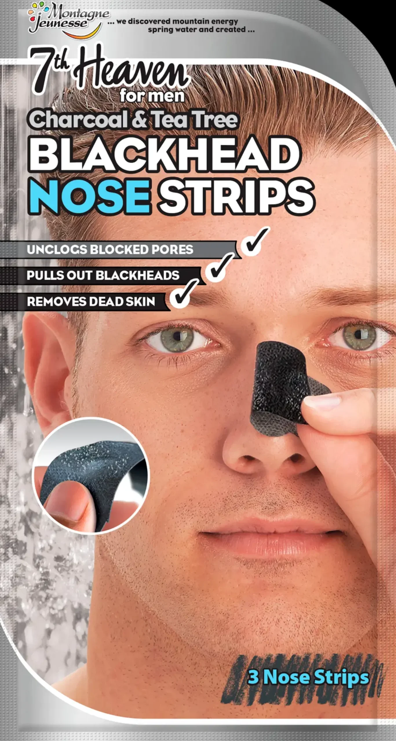 7th Heaven Men's 3x Charcoal & Tea Tree Nose Pore Strips